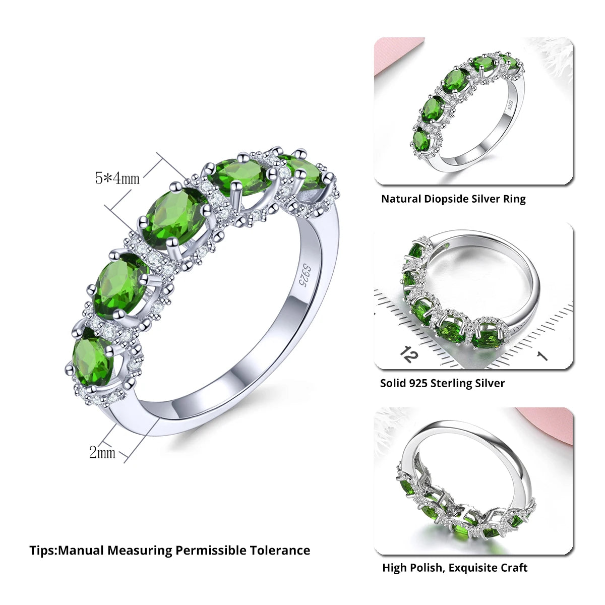 Natural Diopside Sterling Silver Rings 1.8 Carats Genuine Gemstone Fine Jewelry S925 Classic Style Women Christsmas Gifts