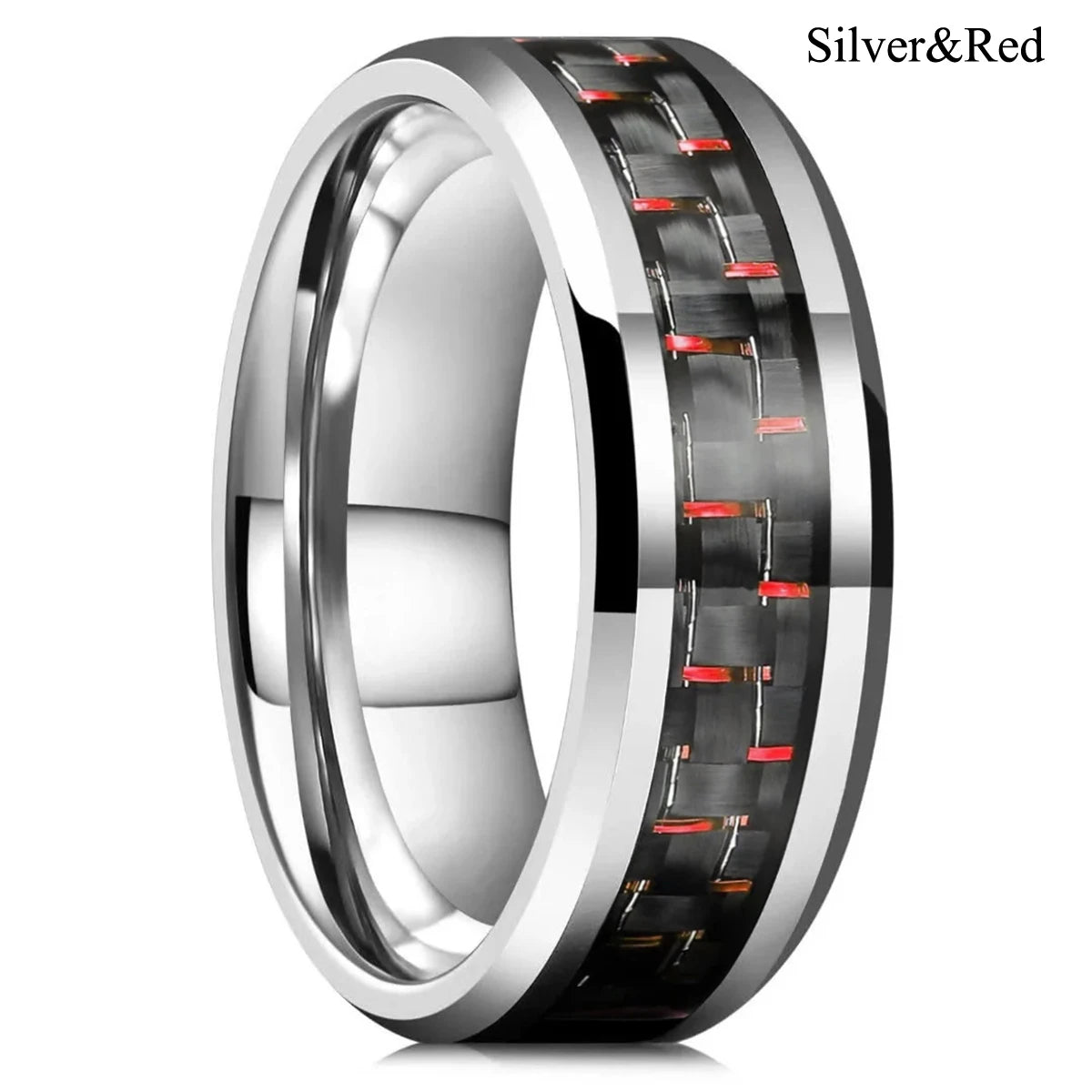 Fashion 8mm Men Stainless Steel Rings Inlaid Black Blue Red Carbon Fiber Rings For Men Wedding Engagement Party Jewelry Gifts