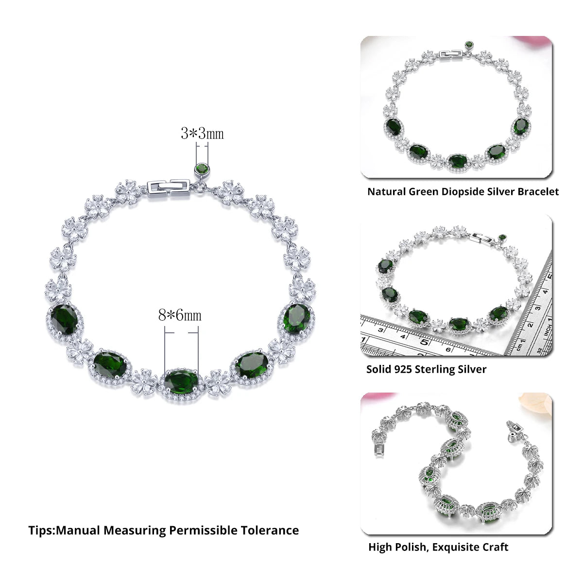 Natural Chrome Diopside Sterling Silver Bracelets 6.8 Carats Genuine Gemstone Classic Romantic Daily Style Women's Fine Jewelrys
