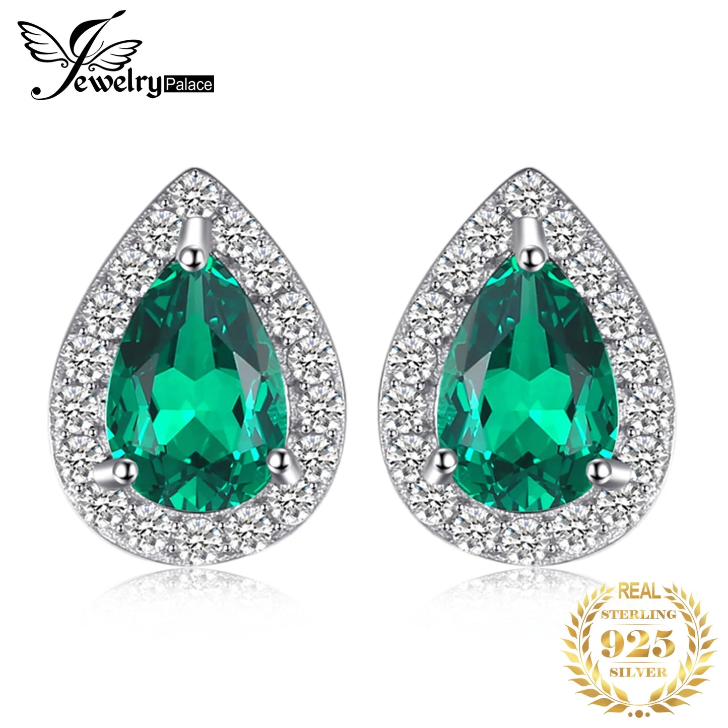JewelryPalace Pear Green Simulated Nano Emerald 925 Sterling Silver Stud Earrings for Women Gemstones Statement Earrings Jewelry