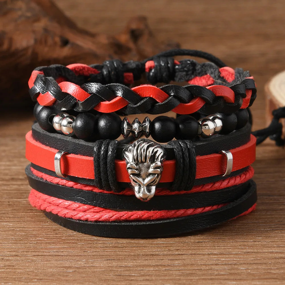 Red Beads Vintage Feather Casual 4 Pc/set Handmade Men Bracelets Male Women Leather Bracelets Men Bangle Wholesale Jewelry Gift