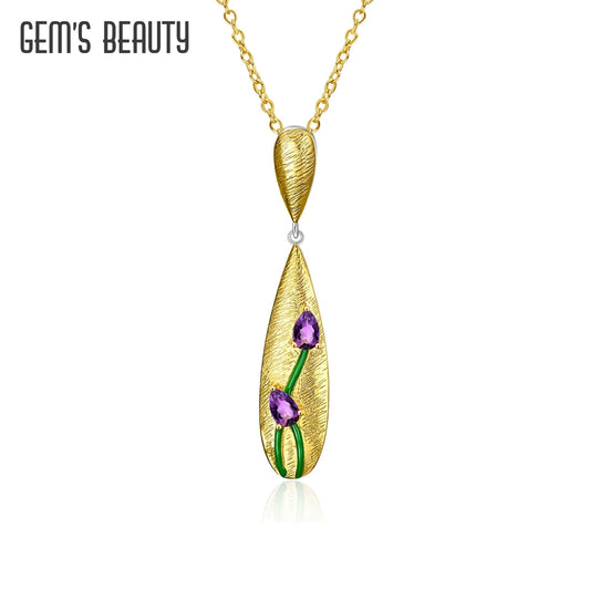 GEM'S BEAUTY Tulips Flower 925 Sterling Silver Vintage Pendant Chain Necklace For Women Enamel Original Design Fine Jewelry