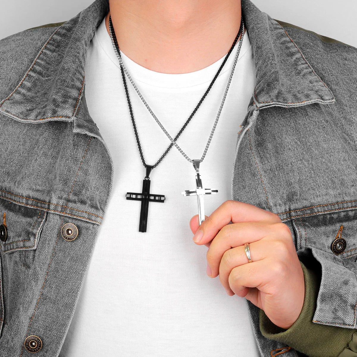 Stainless Steel Black Double Layers Cross Men Necklaces Pendants Chain Punk for Boyfriend Male Jewelry Creativity Gift Wholesale
