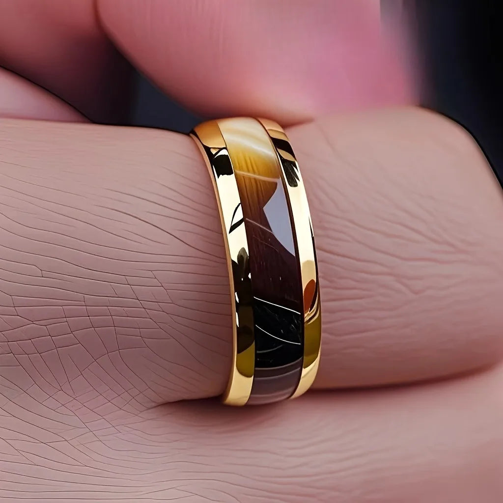 Fashion 8mm Men Gold Color Stainless Steel Rings Inlay Brown Wood Rings For Men Women Wedding Engagement Band Jewelry Gift