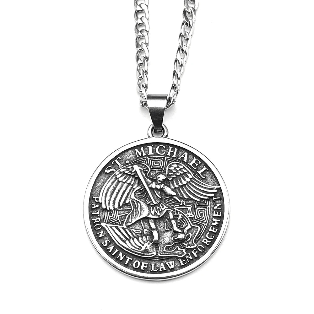 Archangel St.Michael Protect Us Pendant Necklace for Women Men Stainless Steel Saint Chain Biker Boyfriend Gift Jewelry