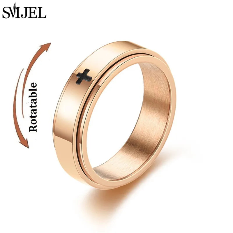 Rose Gold Stainless Steel Anxiety Ring Women Men Fidgets Spinner Rings Engagement Bands Silver Color Fashion Jewelry 8/6mm