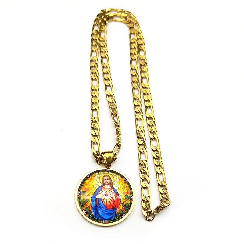 Sacred Heart of Jesus Medal Round Pendant Necklace for Women Men Stainless Steel Christian Talisman Protection Religious Jewelry