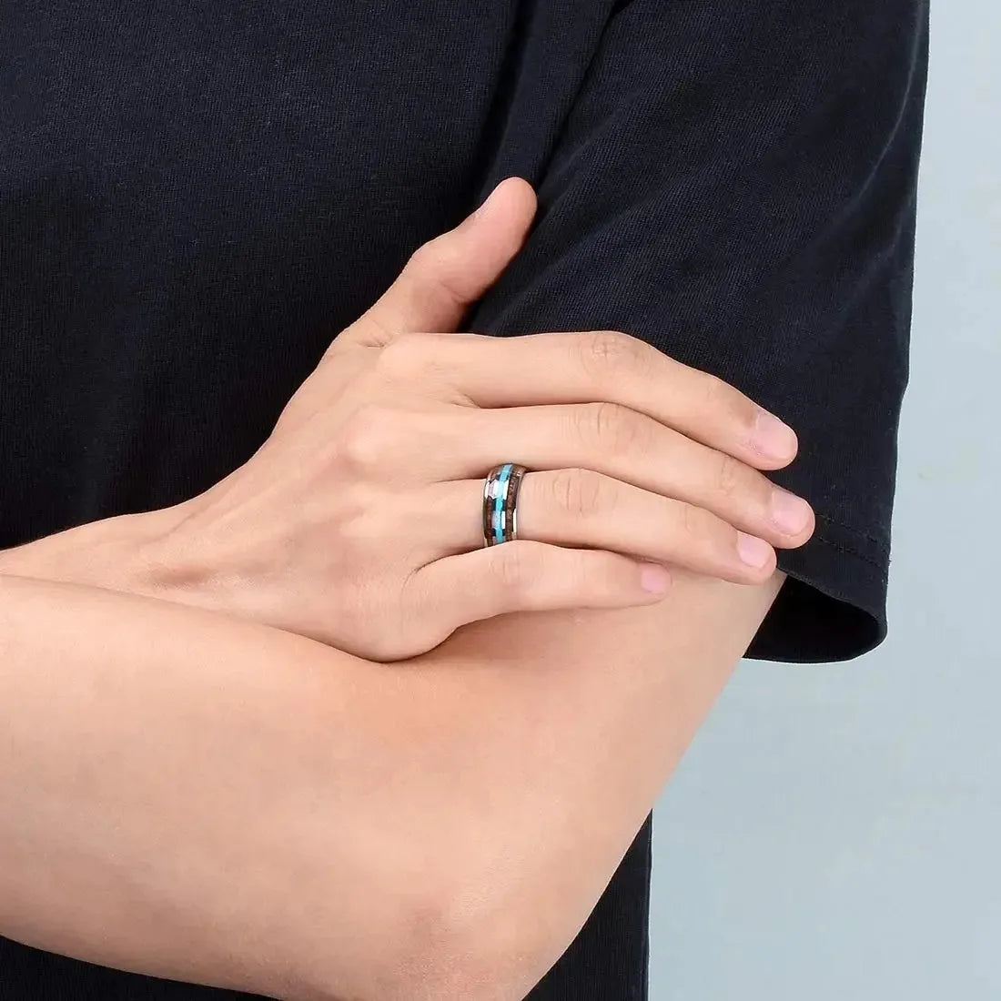 Fashion 8mm Men Stainless Steel Koa Wood Rings Inlay Blue Turquoise Stone Rings For Men Wedding Engagement Band Jewelry Gift