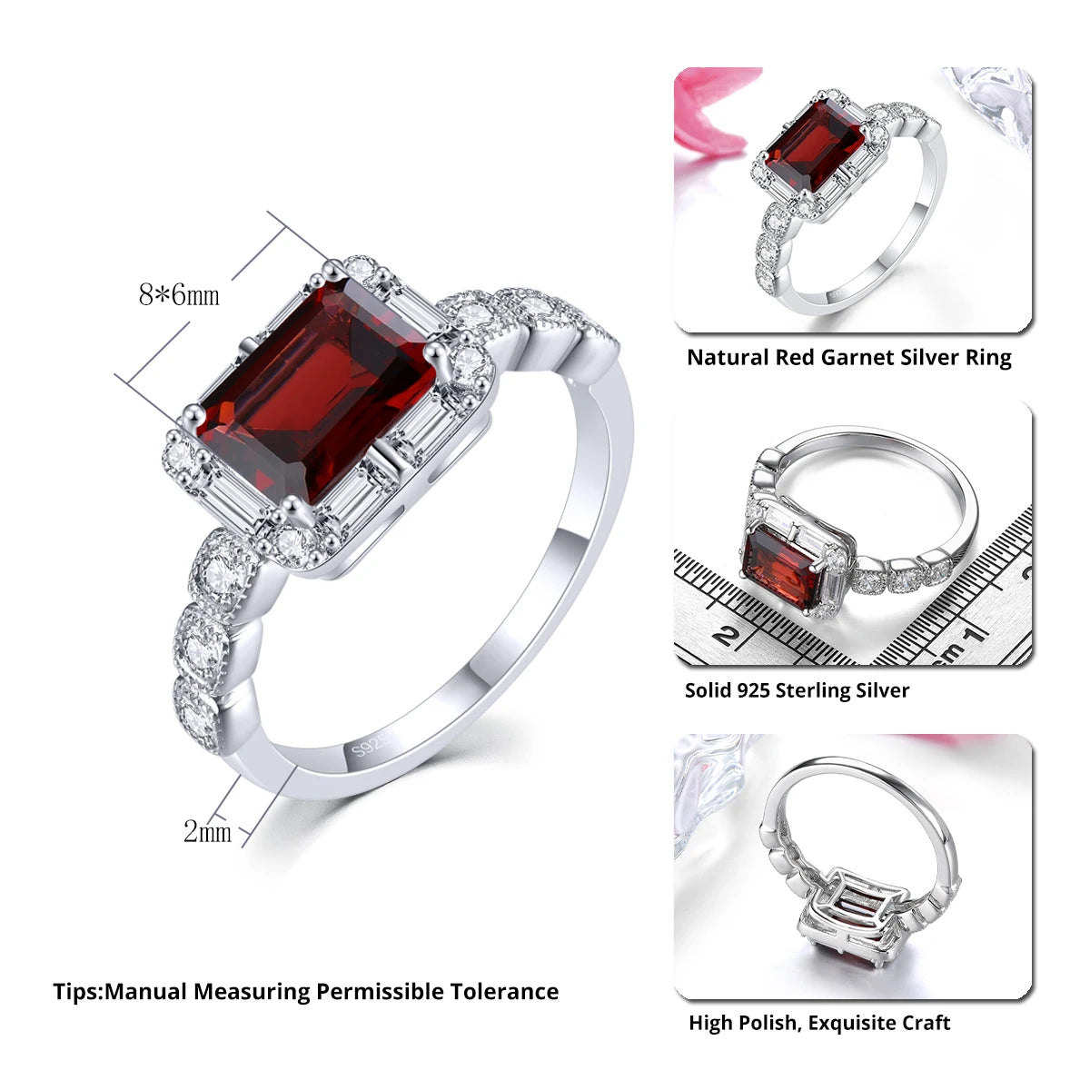 Natural Red Garnet Sterling Silver Rings 1.8 Carats Genuine Birthstone Classic Fine Jewelry Style Birthday Christmas Gifts