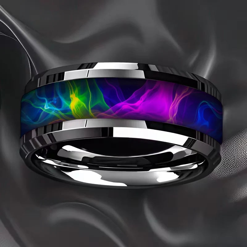 Fashion Men Stainless Steel Rings, With Purple-Blue Gradient Flame Pattern Inlay Rings for Men Wedding Bands Jewelry Drop Ship
