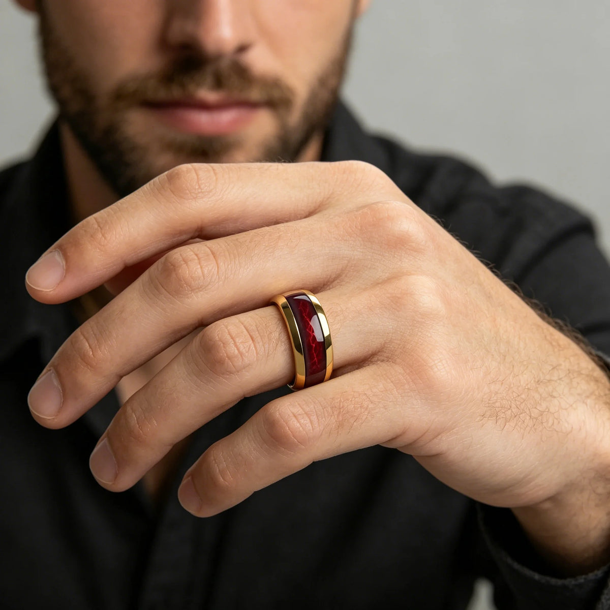 Domed Red Flame Stone Inlay Fashion 8MM Gold Color Stainless Steel Rings For Men Rings Wedding Engagement Jewelry Gift