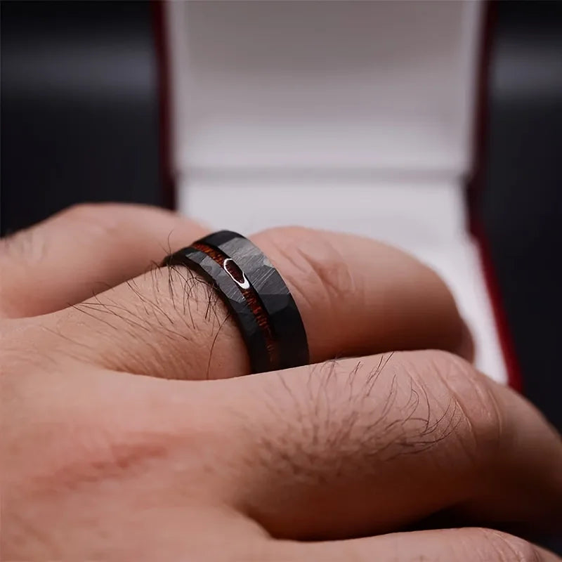 Fashion 8MM Black Tungsten Hammered Stainless Steel Rings For Men Women With Koa Wood Inlay Rings Men Wedding Party Jewelry Gift
