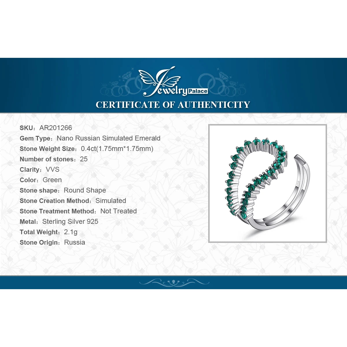 JewelryPalace Simulated Nano Emerald 925 Sterling Silver Open Adjustable Ring for Women Statement Green Gemstone Fine Jewelry