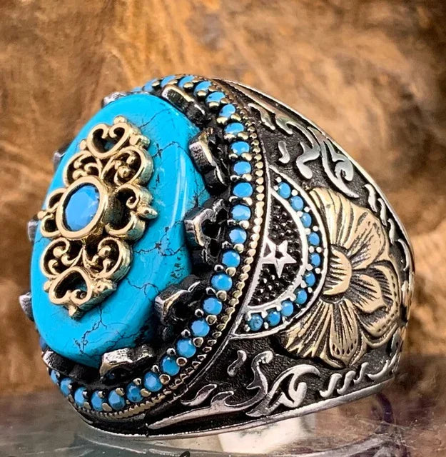 Retro Handmade Turkish Signet Ring for Men Women Ancient Silver Color Carved Eagle Ring Inlaid Red Zircon Punk Motor Biker Ring
