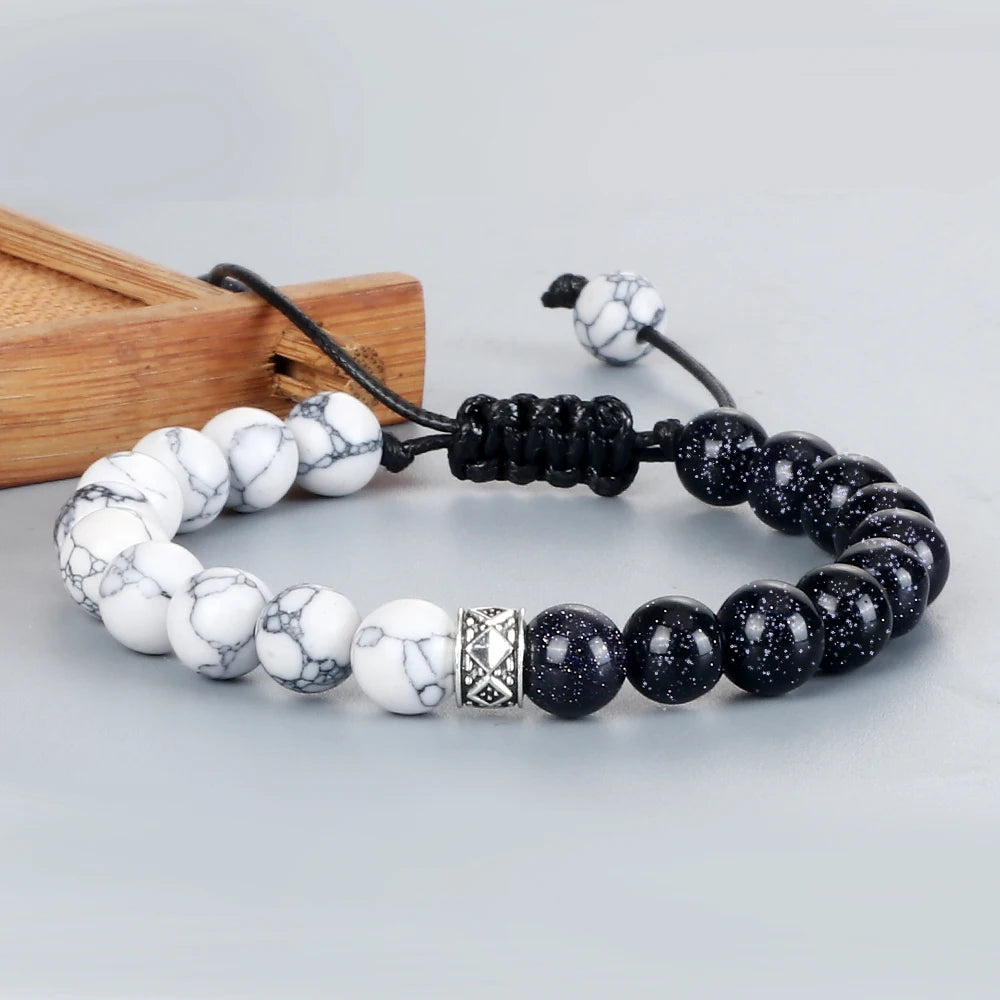 Fashion Black White Beaded Bracelets For Men 8mm Natural White Howlite Stone Beads Bracelet Women Meditation Prayer Jewelry Gift