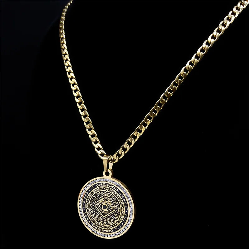 Eye of Providence Illuminati Pyramid Hip Hop Crystal Big Necklace Men's Chain Stainless Steel Gold Color Accessories man NZZZ488