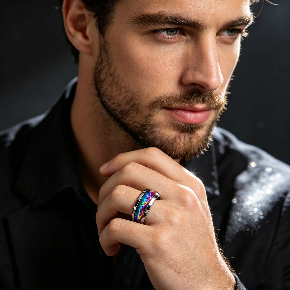 New Fashion Men's Colorful Aurora Galaxy Stainless Steel Ring, Polished Black Band, Punk Biker Jewelry, Cool Male Finger Ring