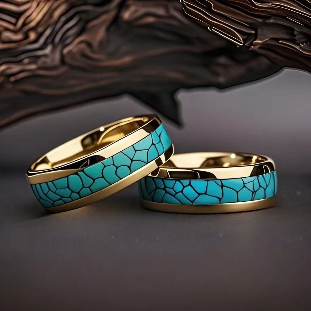 Fashion 8mm Men Gold Color Stainless Steel Rings Inlay Turquoise Rings For Men Women Wedding Engagement Band Jewelry Gift
