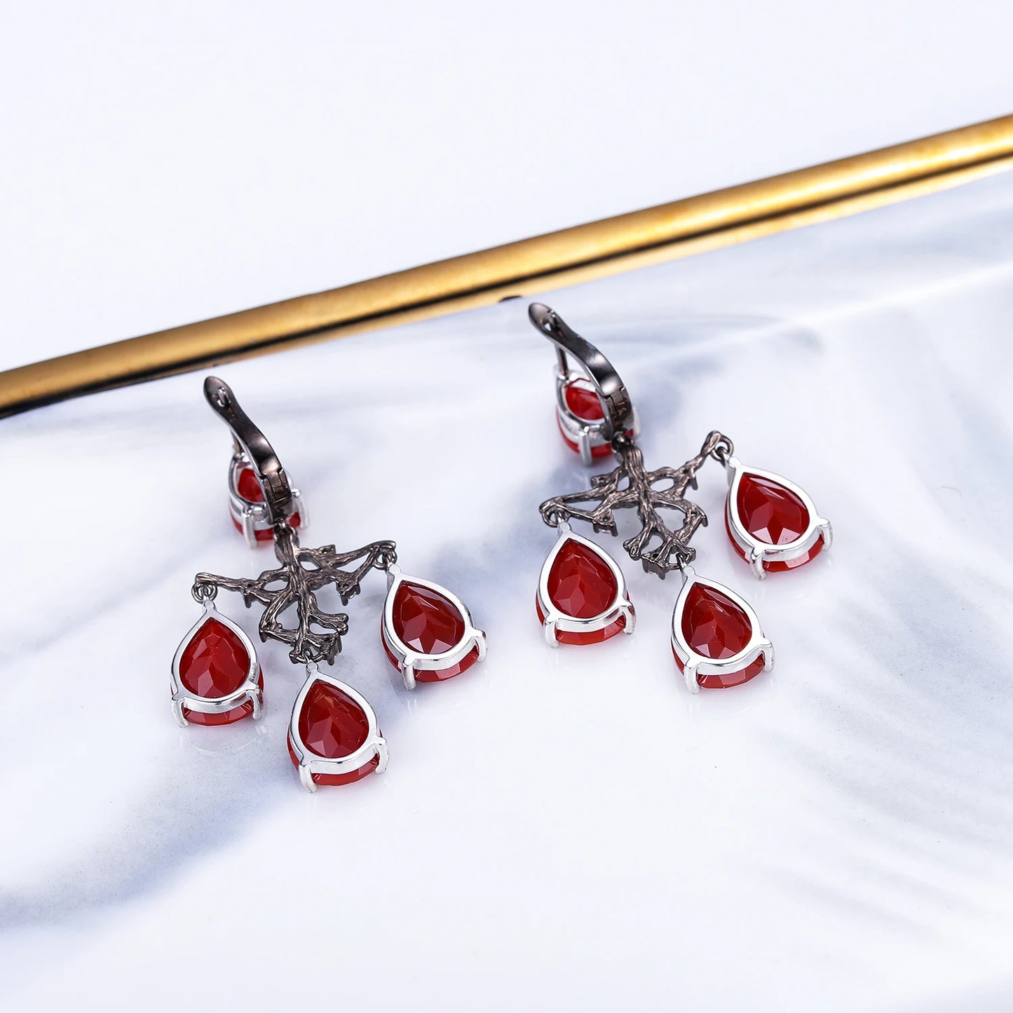 GEM'S BEAUTY 925 Sterling Silver Tree Roots Branches Earrings with Red Agate Freeform Earrings Handmade Jewelry Gifts For Her