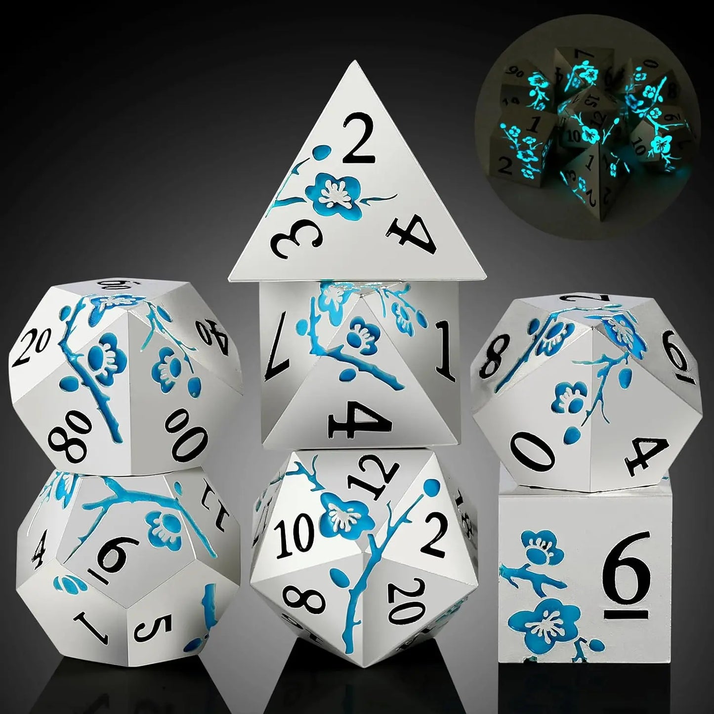 Metal Dice Set D&D, DNDND 7 PCS Flower Metallic DND Dice Set with Grogeous Gift Case for Dungeons and Dragon Tabletop Game Glow blue