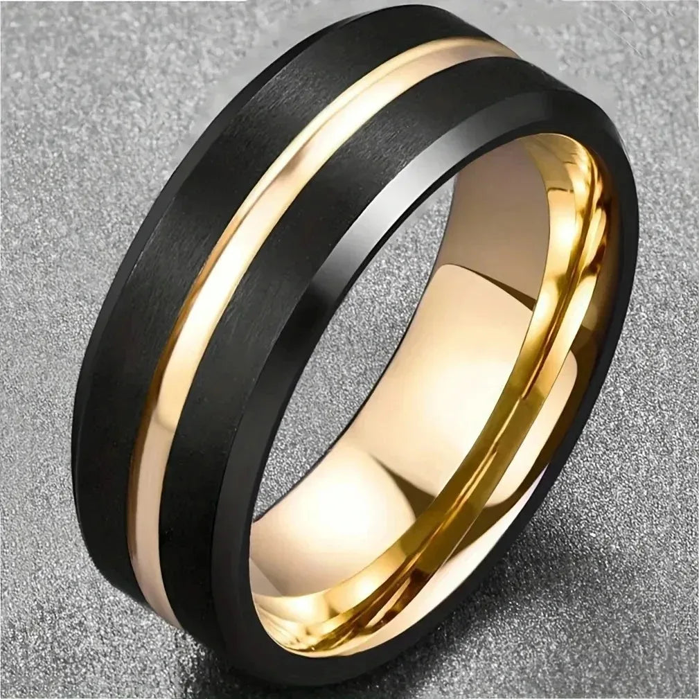 Trendy 8mm Men Stainless Steel Rings Black Brushed Gold Color Groove Beveled Edge Engagement Ring Men Wedding Jewelry Wholesale