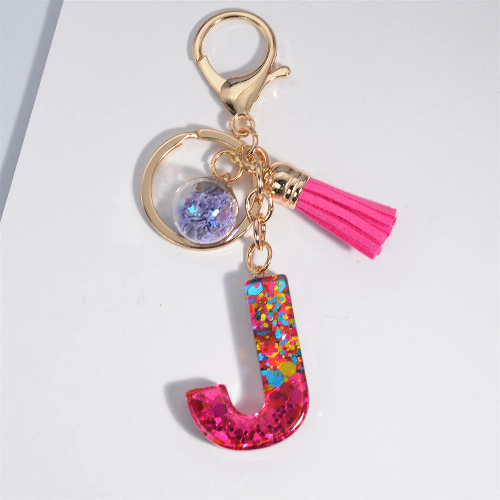 Colorful Letter Keychain Pendant Glitter Sequin Resin Key Chain Tassel Charms With Ball Keyring Jewelry For Women Bag Ornaments J