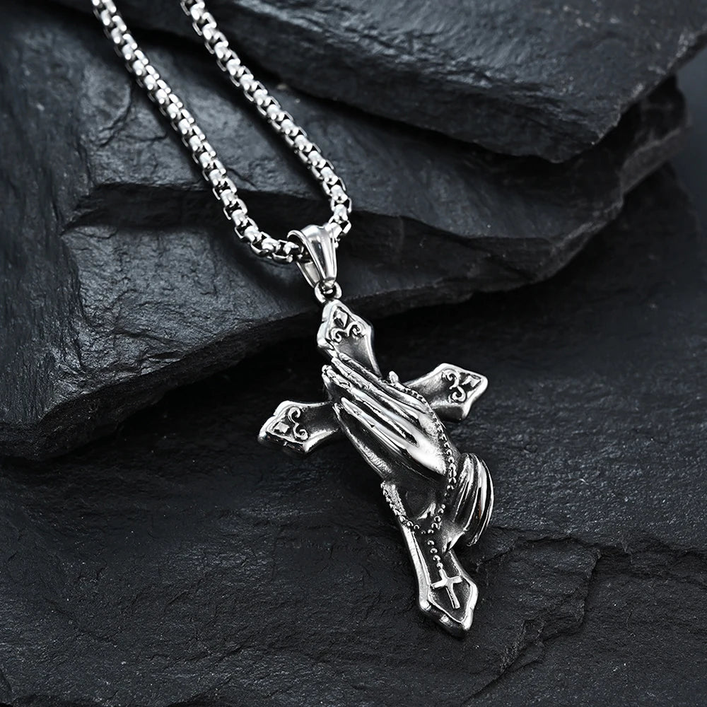 Vintage Praying Hands Cross Pendant Necklace hip-hop Stainless Steel Chain Neck Accessories Hip Hop Rock Jewelry 2025 Gifts