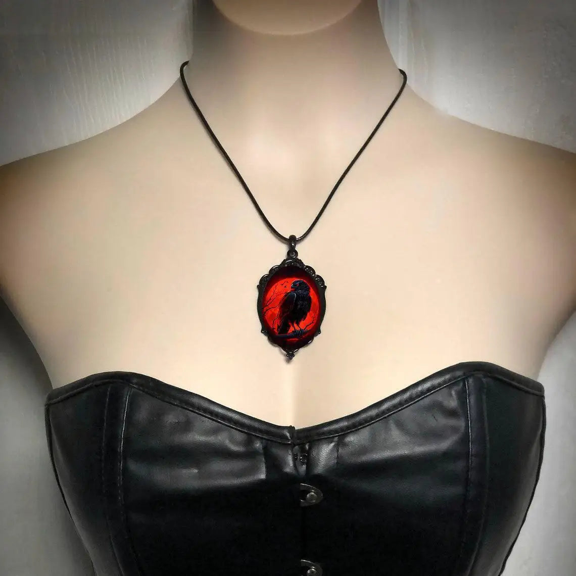 Gothic Raven Cross Glass Pendant Necklace Vintage Rope Chain Crow Choker Mystic Witch Jewelry Gift Accessories for Women Men
