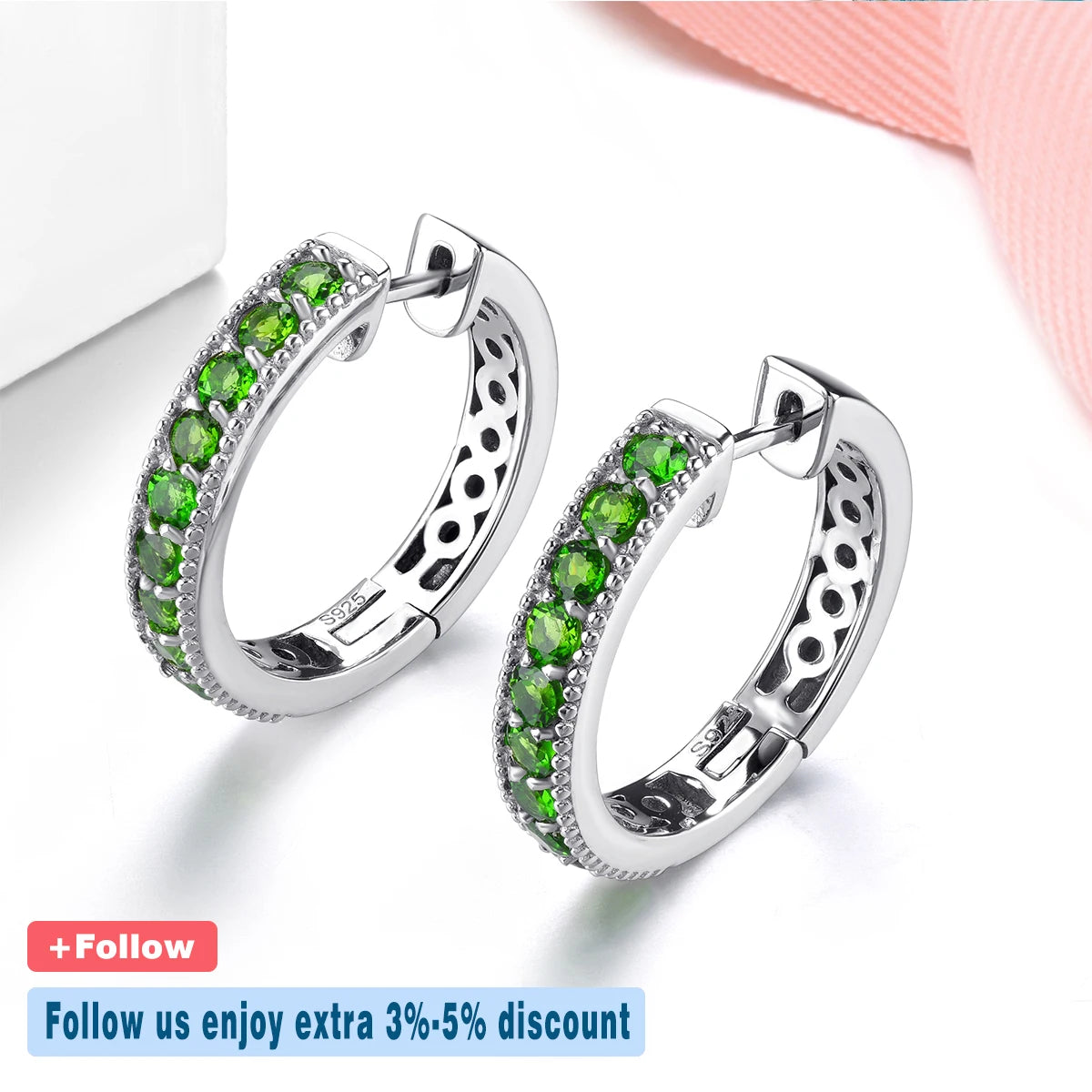 Natural Chrome Diopside Sterling Silver Hoop Earrings 1.5 Carats Genuine Gemstone Classic Style Fine Jewelrys S925 Gifts