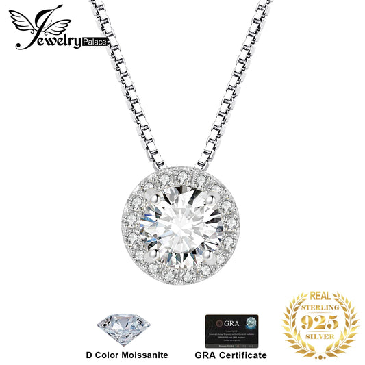 JewelryPalace Real Moissanite D Color 1ct Round 925 Sterling Silver Halo Pendant Necklace for Woman Yellow Rose Gold Plated