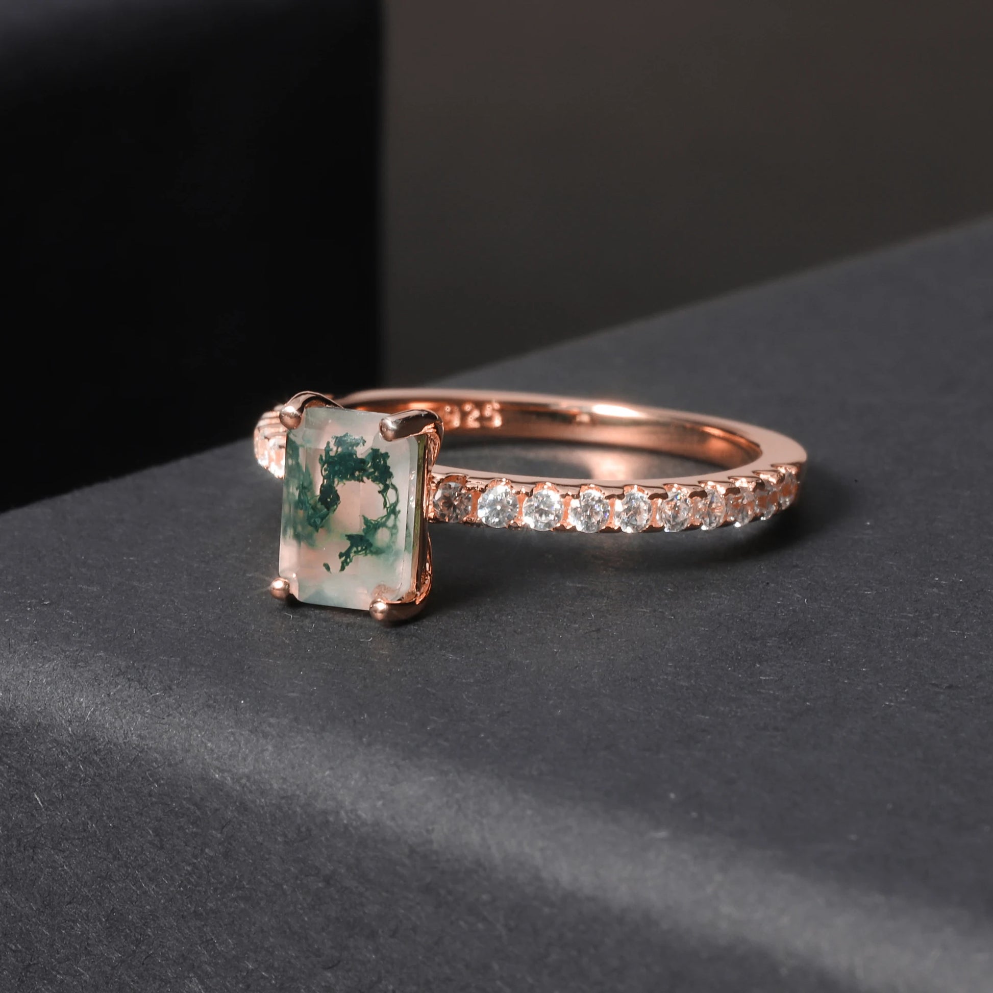 GEM'S BALLET Unique 0.88Ct 5x7mm Octagon Cut Pave Set Moss Agate Engagement Ring in 925 Sterling Silver Women's Gold Ring