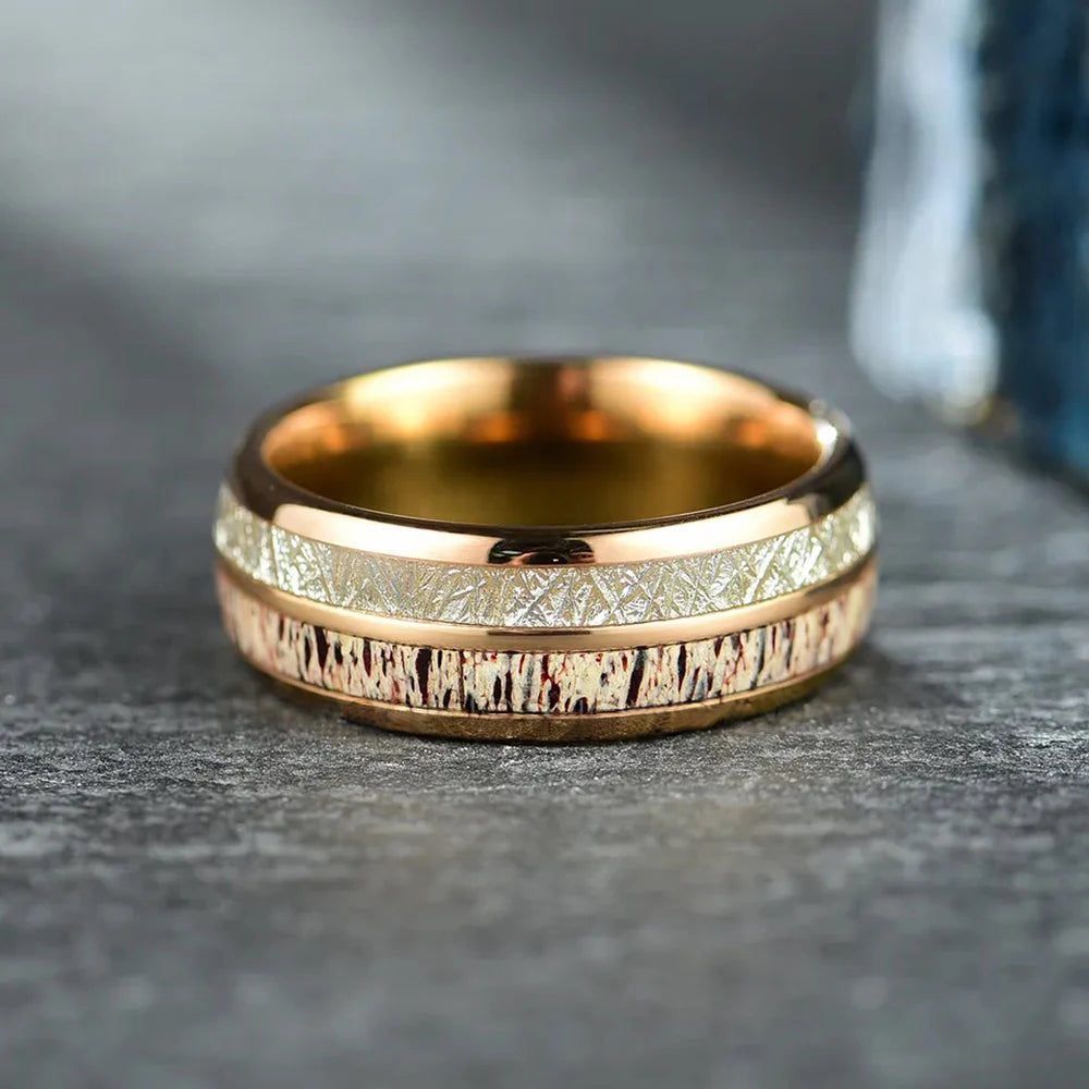 Fashion 8mm Men Stainless Steel Ring Rose Gold Color Brushed Wood Inlay Rings for Men Women Wedding Band Jewelry Birthday Gifts