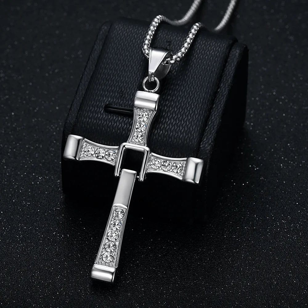 Hip Hop Stainless Steel Gold Crystal Cross Cubic Zirconia Pendant Necklace Gift Square Pearl Chain
