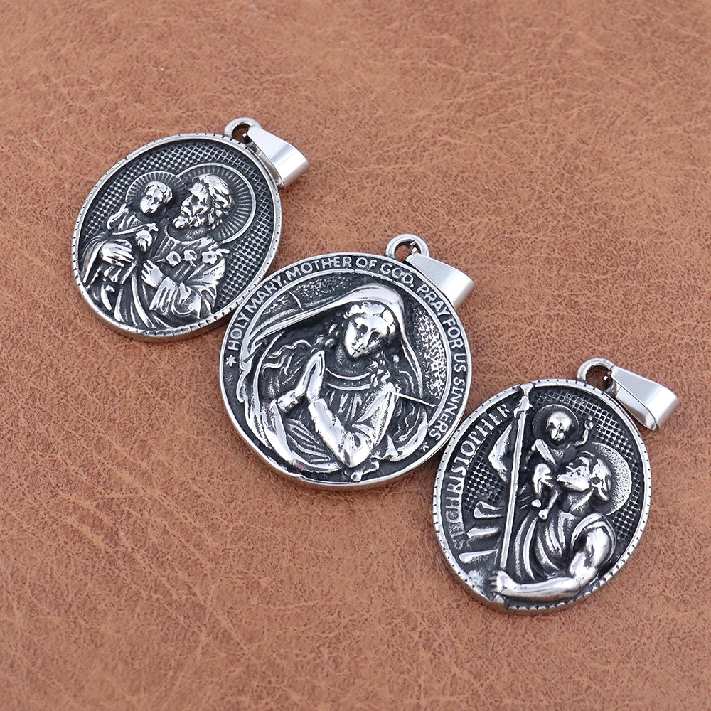 Fashion Virgin Mary Pendant Trendy Charm Stainless Steel Saint Christopher Pendant Vintage Thanksgiving Religious Jewelry Gifts