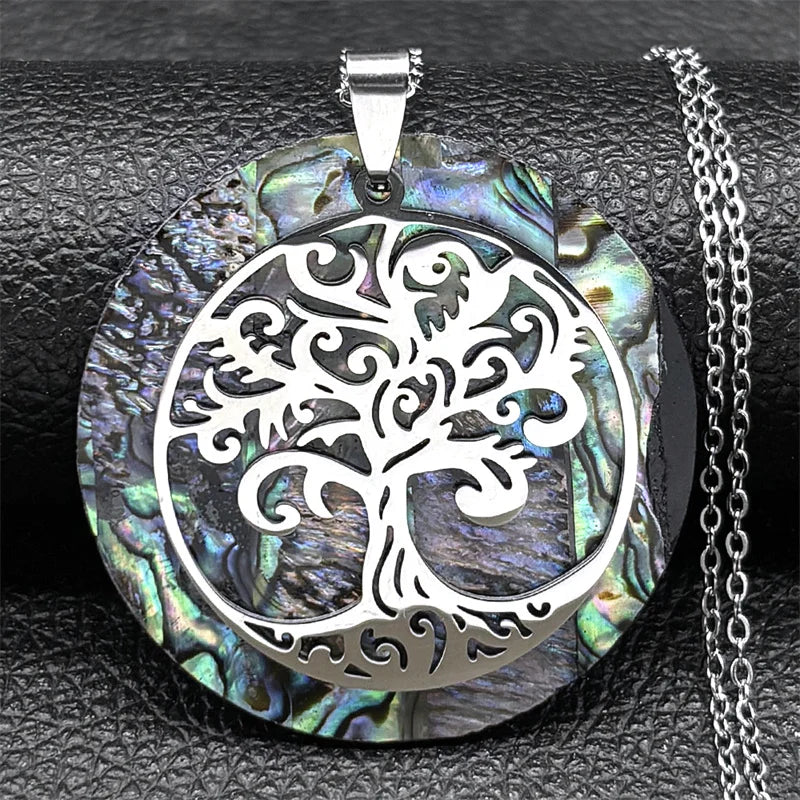 Tree of Life Stainless Steel Abalone Shell Natural Necklace Chain Gold Color Necklaces Mother Pearl Shell Boho Jewelry Collar NX