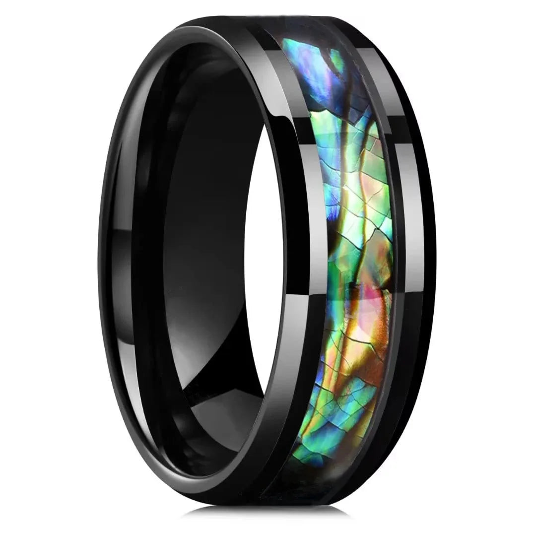Fashion 8mm Men Silver Color Stainless Steel Rings Inlay Rainbow Abalone Shell Rings For Men Women Wedding Band Jewelry Gifts