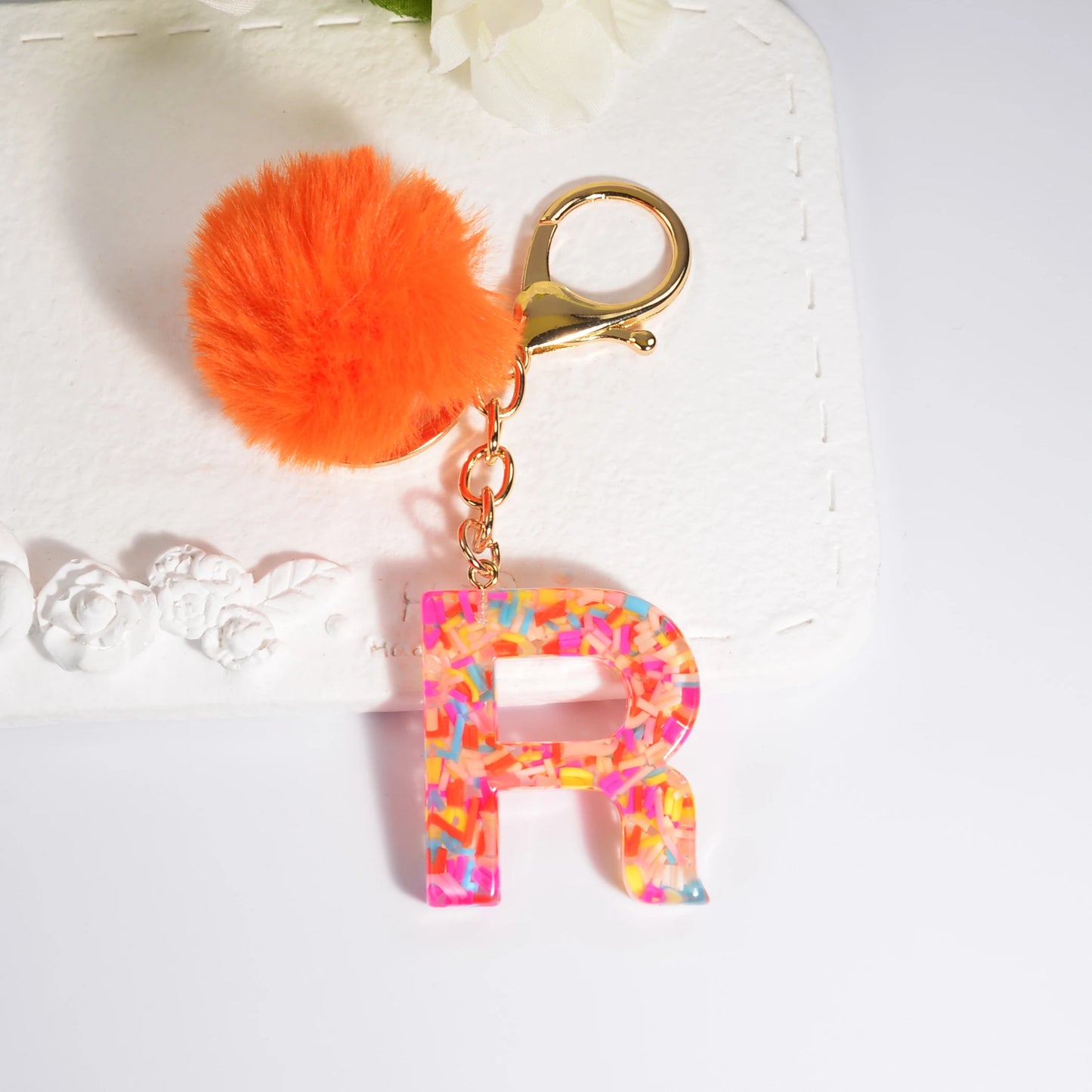 New Orange Stripe Filled Initial Letter Keychain With Orange Pom-Pom Women Girls Sweet Bag Purse Charm A-Z 26 Letters Pendant SKC-Y05-R CHINA
