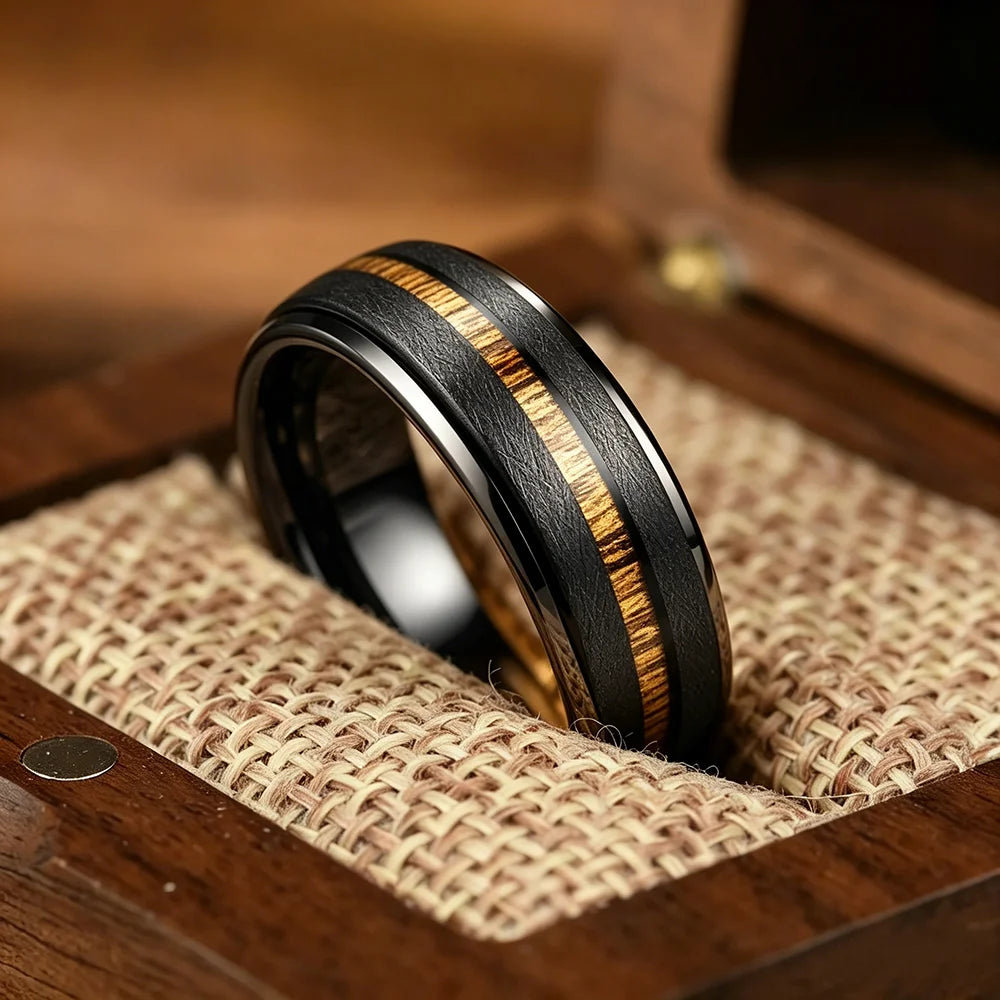 With Hawaiian Koa Wood Inlay Rings Matte Brushed Finish Fashion 8mm Black Stainless Steel Rings for Men Wedding Jewelry