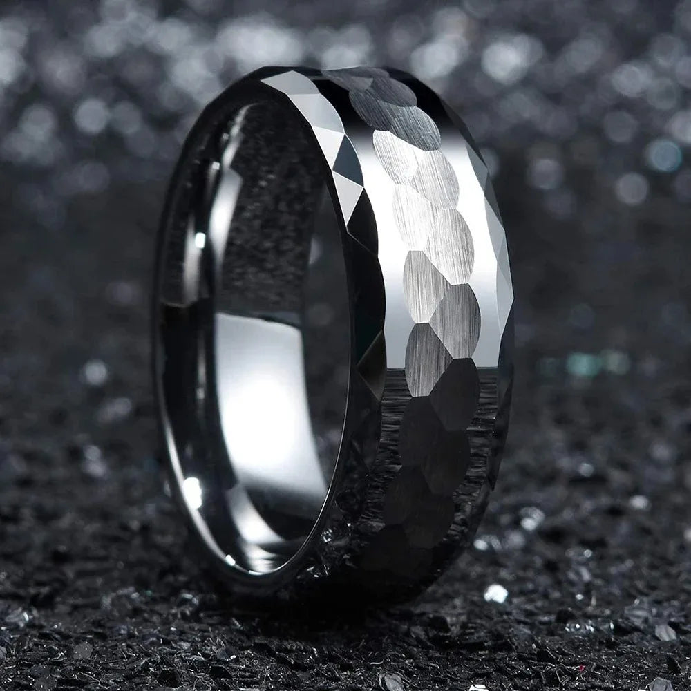 Fashion 8mm Men Stainless Steel Rings Silver Color Hammered Design Multi-Faceted Rings For Men Women Wedding Band Jewelry Gifts