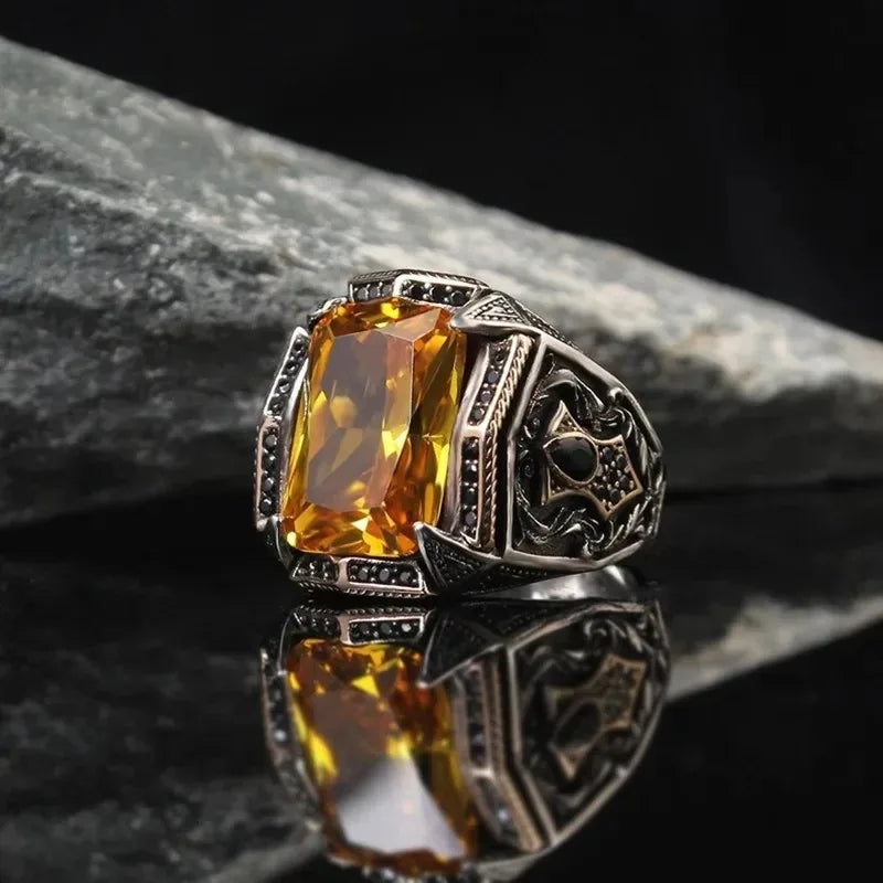 Retro Turkish Handmade Men Rings Vintage Carved Pattern Red/Blue/Rainbow Zircon Rings Rock Punk Islamic Muslim Wedding Jewelry