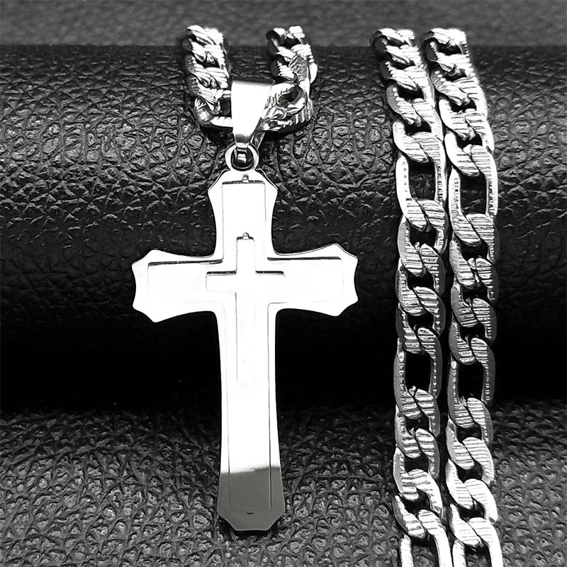Hip Hop Christian Cross Stainless Steel Long Chain Pendant Necklaces for Women Men Gold Color Necklace Amulet Jewelry Gift