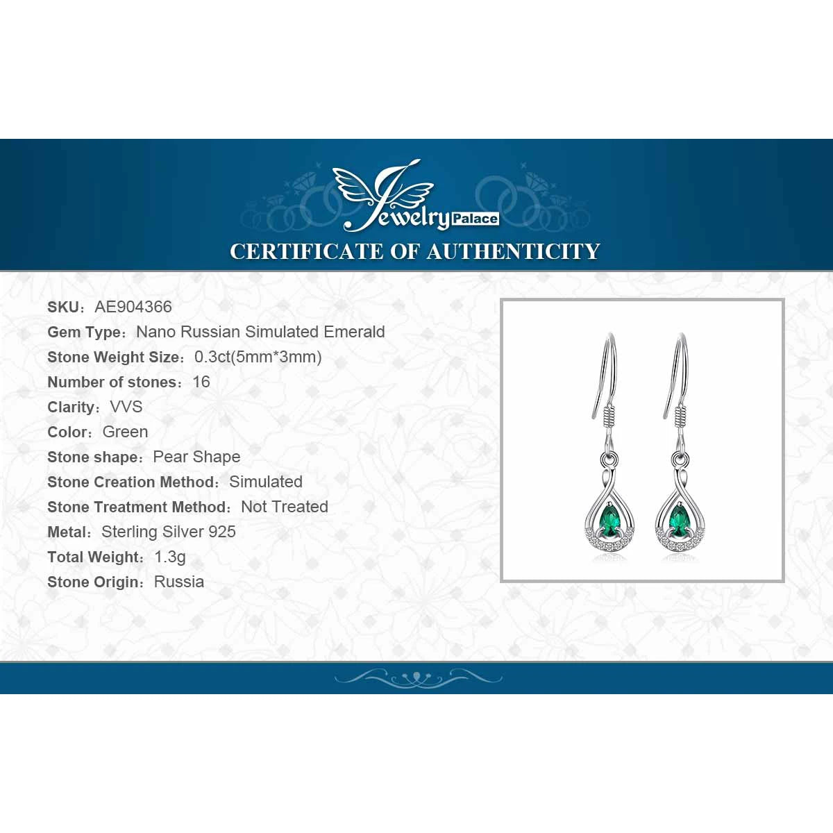 JewelryPalace Pear Simulated Nano Emerald 925 Sterling Silver Drop Earrings for Women Fashion Statement Green Gemstone Jewelry