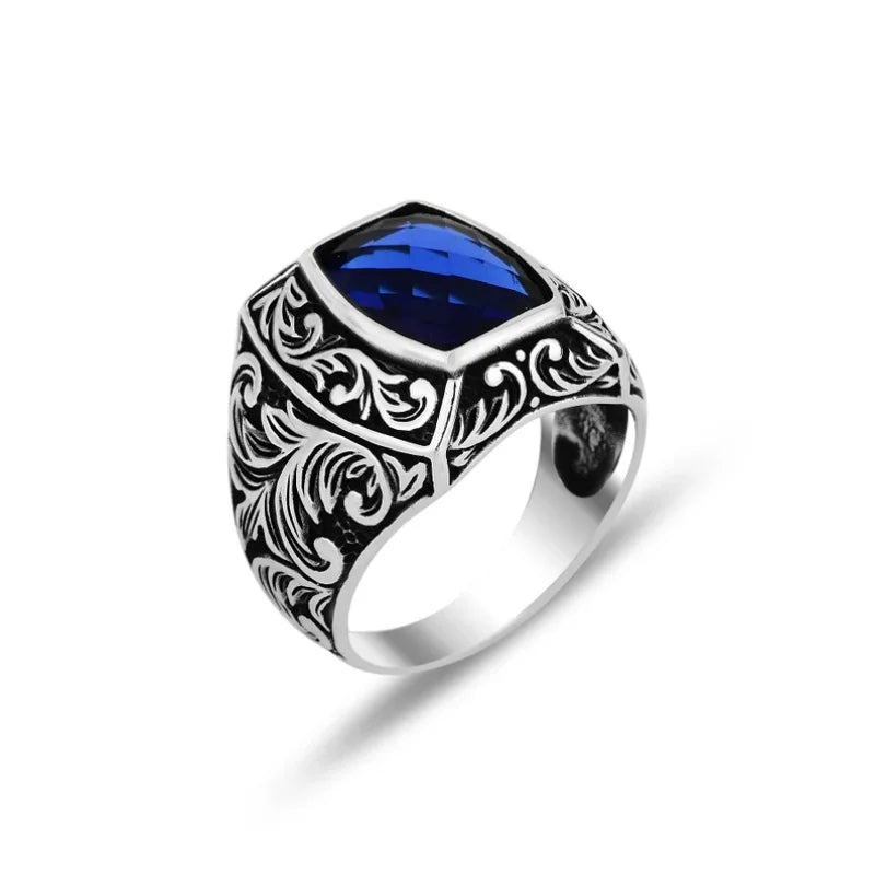 Vintage Punk Geometric Blue Suitable Rings for Anniversary Party Wedding Men's High-end Luxury Jewelry