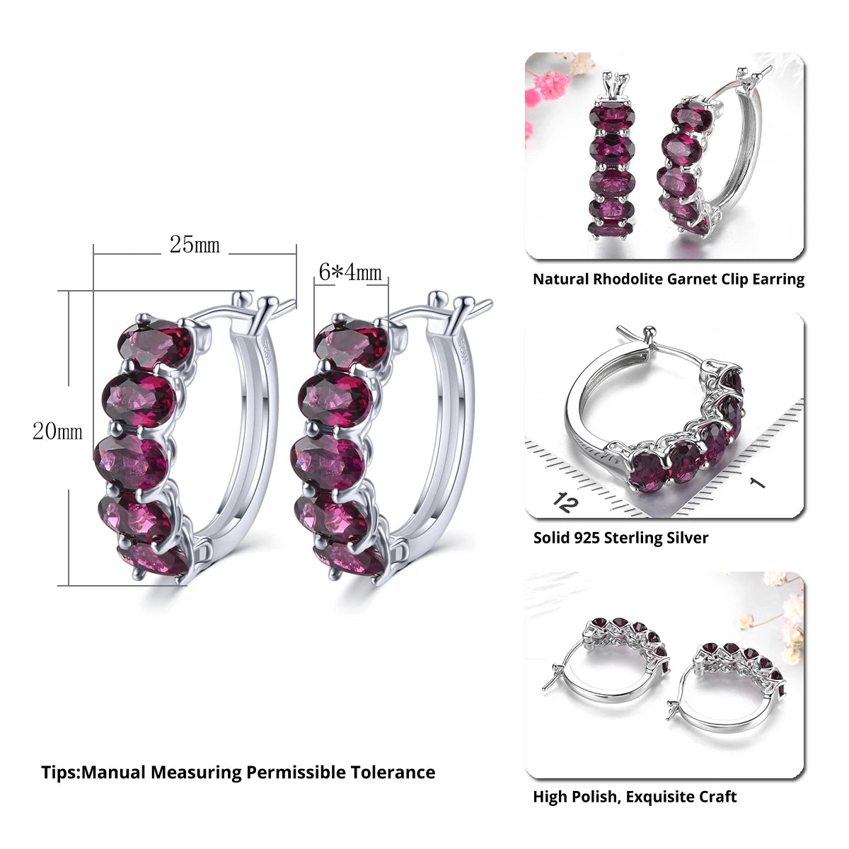 Natural Rhodolite Garnet Sterling Silver Clip Earring 6 Carats Genuine Rose Garnet Women Classic Romantic S925 Fine Jewelrys