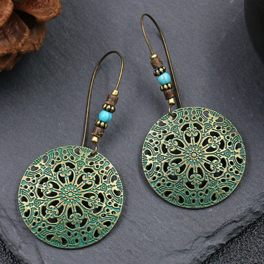 Vintage Palace Style Dangle Earrings for Women Boho Ethnic Creative Hollow Leaf Round Sun Hand Water Drop Earring Female Jewelry