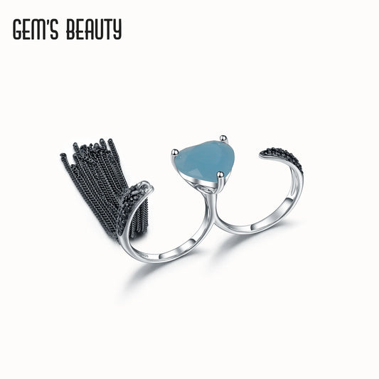 GEM'S BEAUTY 925 Sterling Silver Heart Cut Natural Aqua-blue Calcedony Jewelry Rings For Women Handmade Adjustable Open Rings resizable