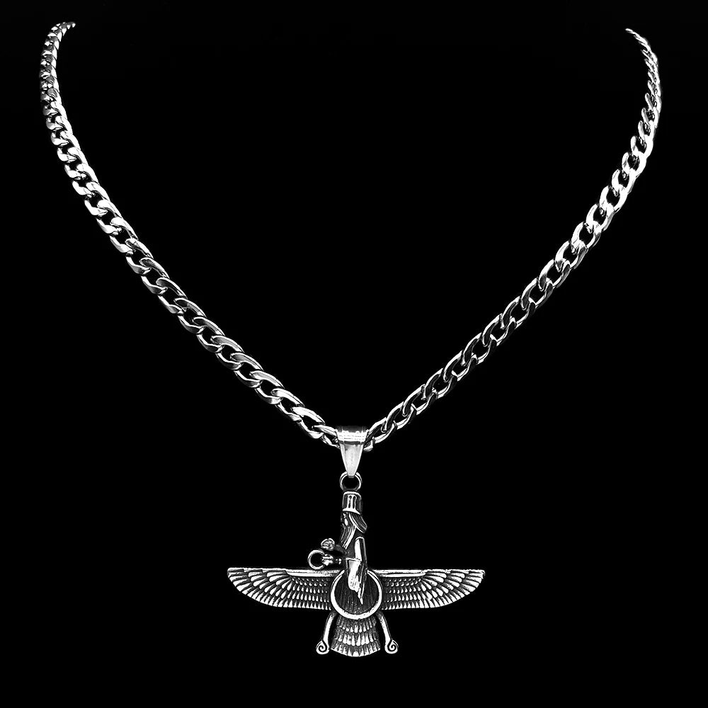 Farvahar Ahura Persia Symbol Zoroastrian Necklace for Women Men Stainless Steel Ancient Amulet Chain Jewelry Collar NZZ420S2