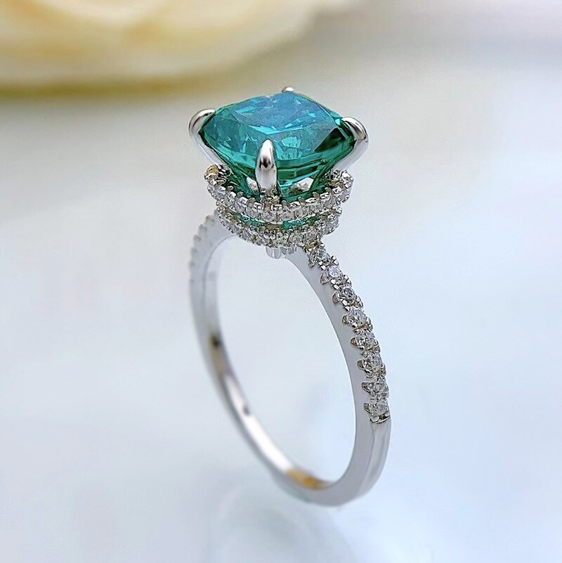 PANSYSEN Vintage Solid 925 Sterling Silver 9MM Green Paraiba Tourmalin High Carbon Diamond Ring for Women Fine Jewelry