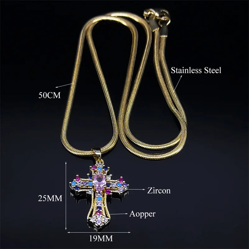 Vintage Shiny Zircon Jesus Cross Religious Amulet Necklace Women Stainless Steel Clavicle Snake Chain Choker Necklaces Jewelry