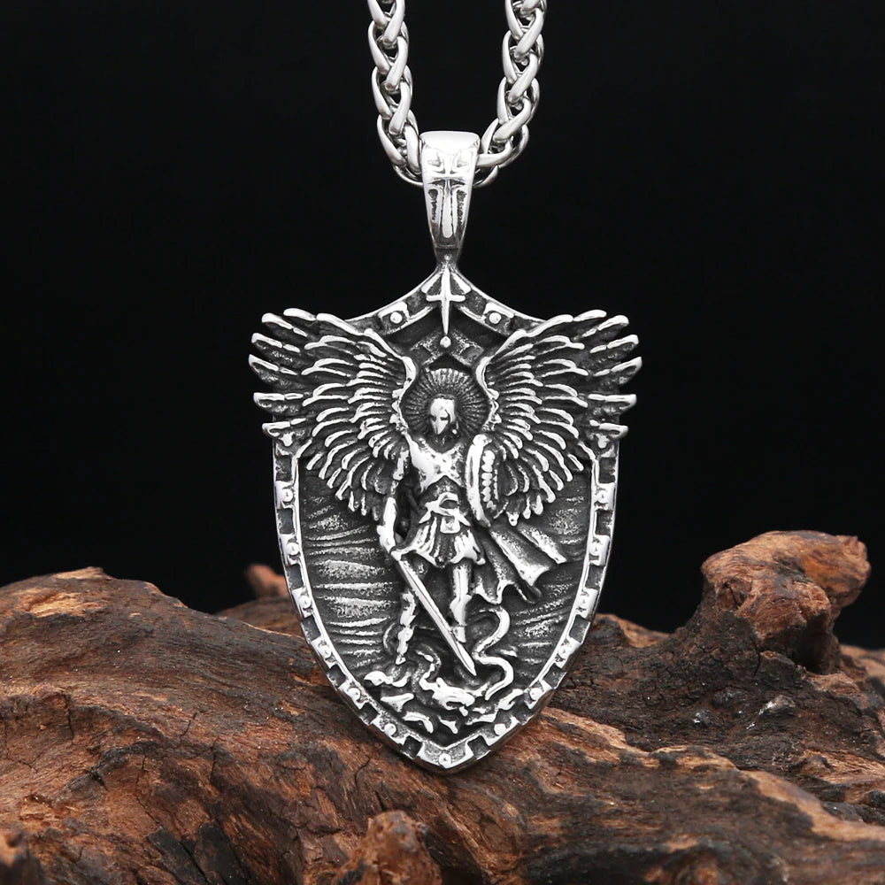 Fashion Vintage Stain Michael With Angel Wings Pandent Necklaces For Men Women Stainless Steel Biker Amulet Jewelry Dropshipping